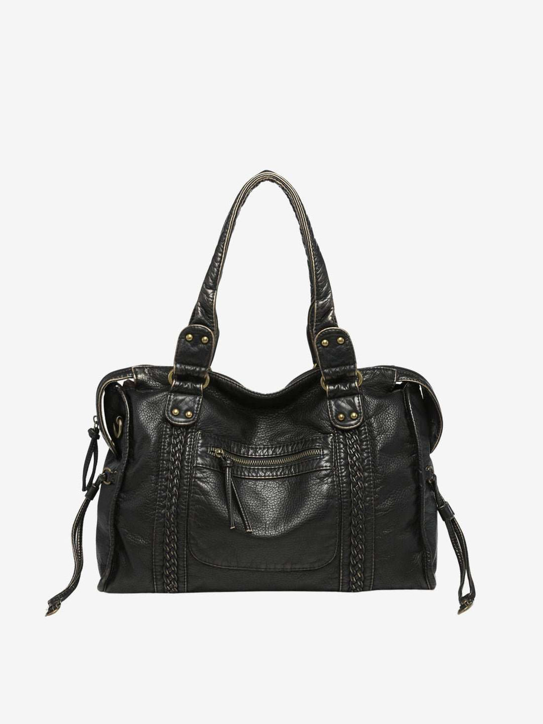 Eloise Compact Shoulder Bag in black vegan leather with adjustable strap and zipper closure