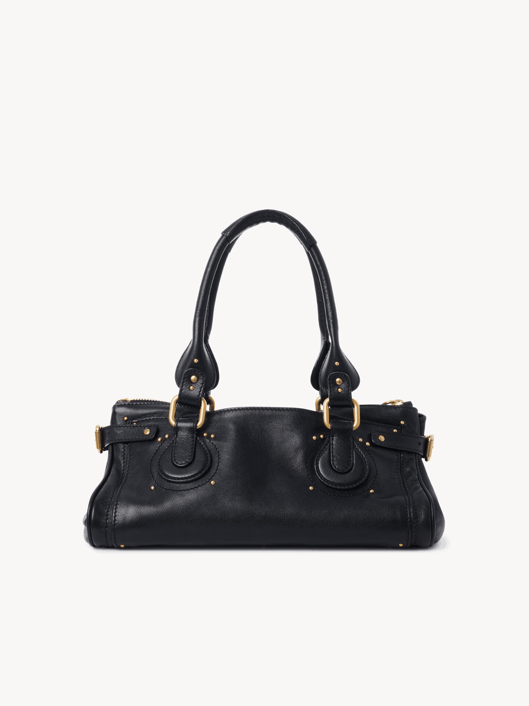 Black Marcelle Lock handbag with oversized gold lock and double handles made of smooth vegan leather.